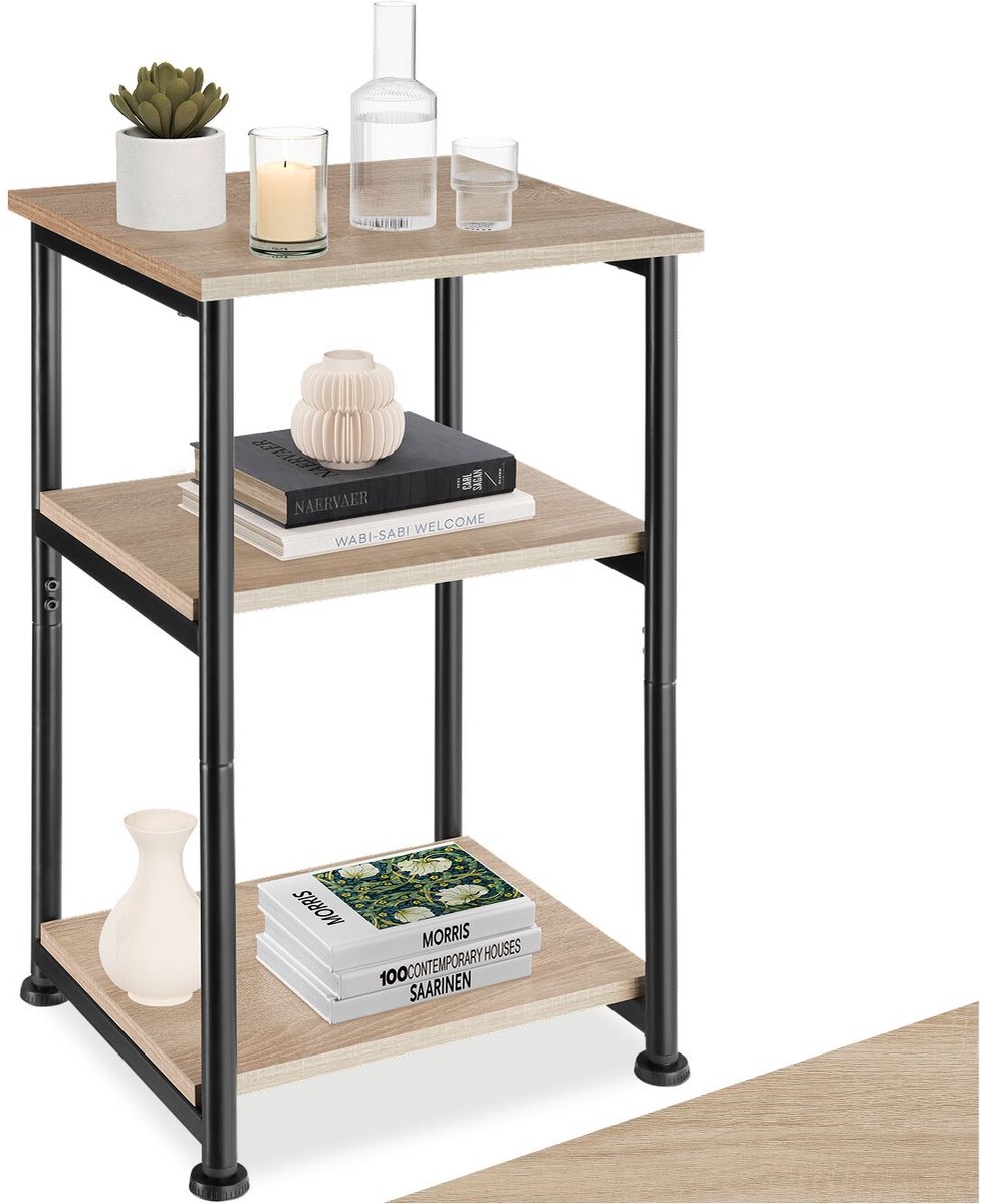 Tectake Bijzettafel met 3 niveaus van hout - Nachtkastje in industrieel design - Voor woonkamer, slaapkamer, kantoor, hal - Zwart metalen frame - Afmeting (LxBxH) 34 x 30 x 59 cm - Lichtbruin Lichtbruin - Eiken Sonoma