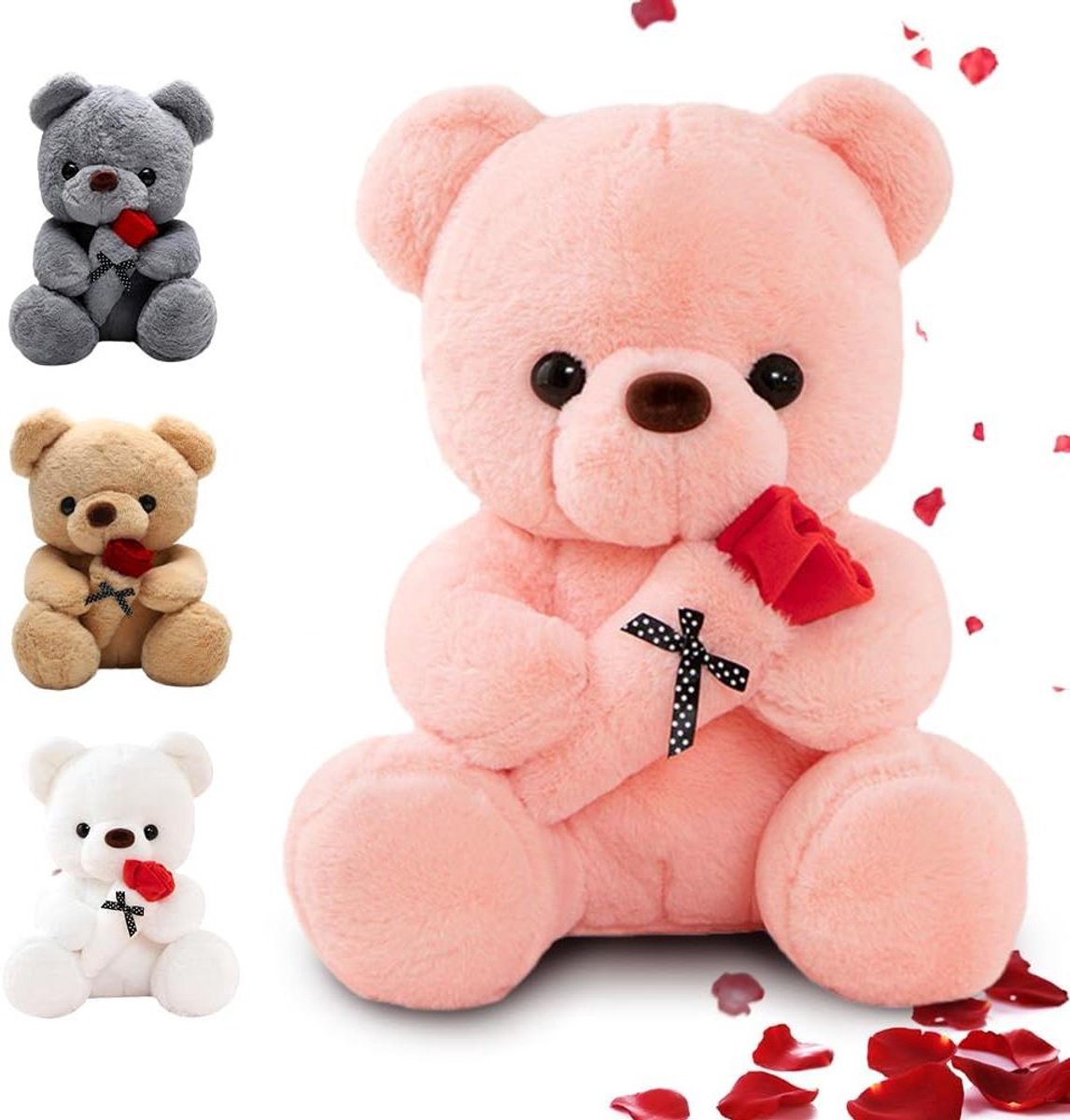 Provento - Teddybeer 35 cm - Pluche beer met roos - Schattige cadeaus voor vriendin - Knuffeldier voor verjaardag en Valentijnsdag