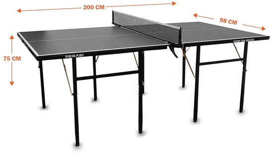Een zwarte Pegasi tafeltennistafel, met afmetingen 200 cm lang en 98 cm breed, 75 cm hoog.