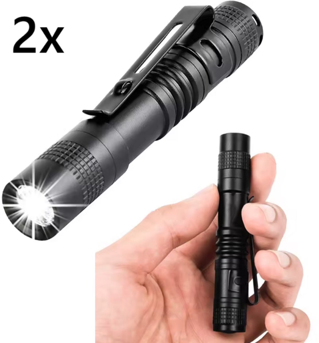 TLVX 2 stuks Ultra Mini LED Zaklamp Pen 300 Lumen – 5W Sterke en Kleine Militaire Aluminium lamp – Waterdicht – Scouting – Bos – Camping – Vakantie – Survivallen – Veiligheid – Noodpakket licht – Compact 9cm – Kleding Clip – Inclusief AAA batterijen