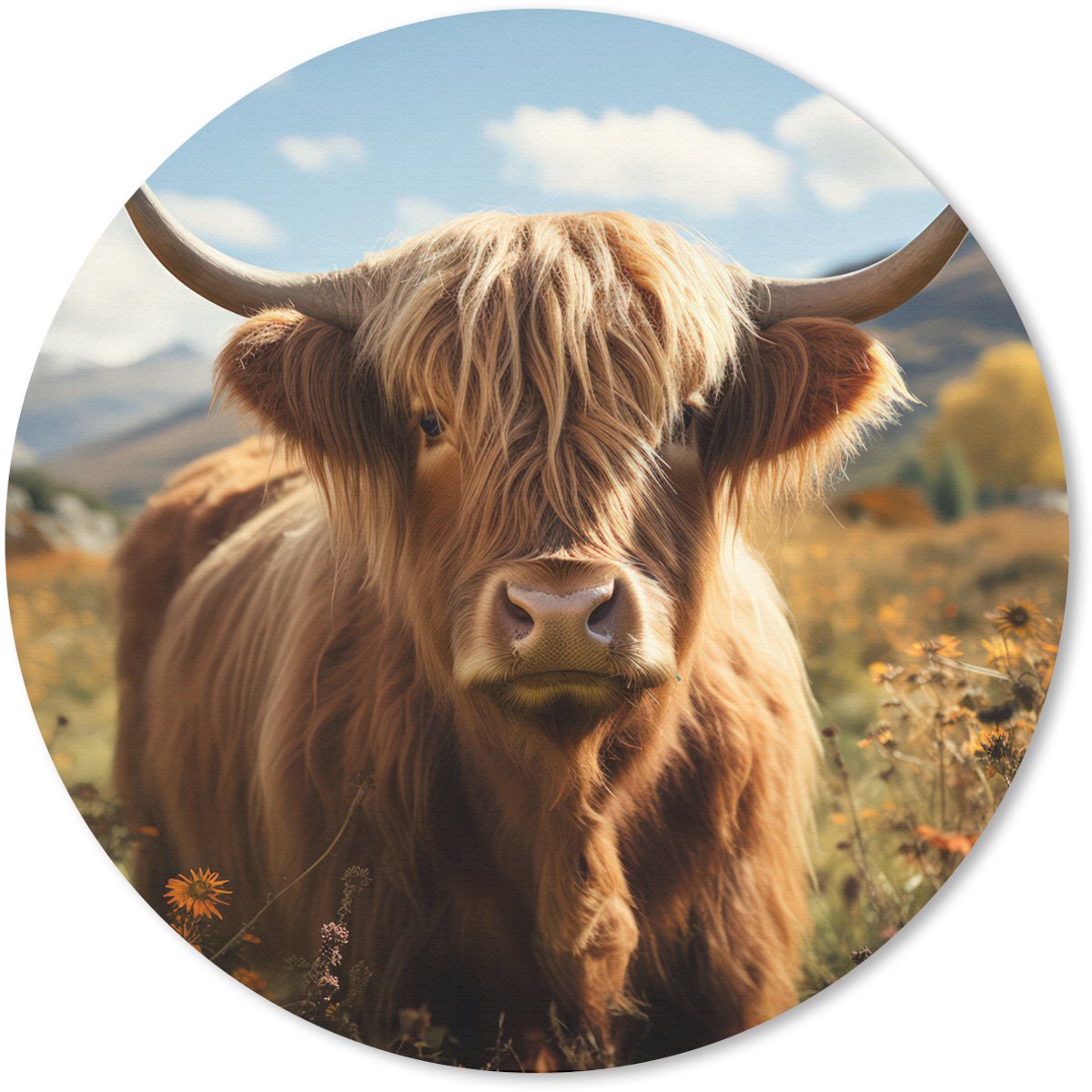 Muismat rond 40x40 cm - Mousepad Schotse hooglander - Bloemen - Hoorns - Wolken - Ronde muismatten