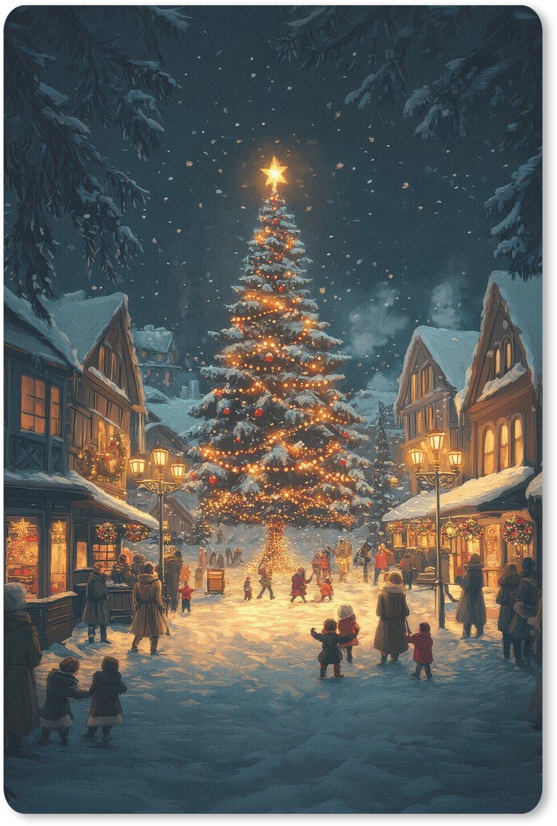 Muismat 18x27 cm - Mousepad Kerstfeest - Dorp - Donker - Muismatten