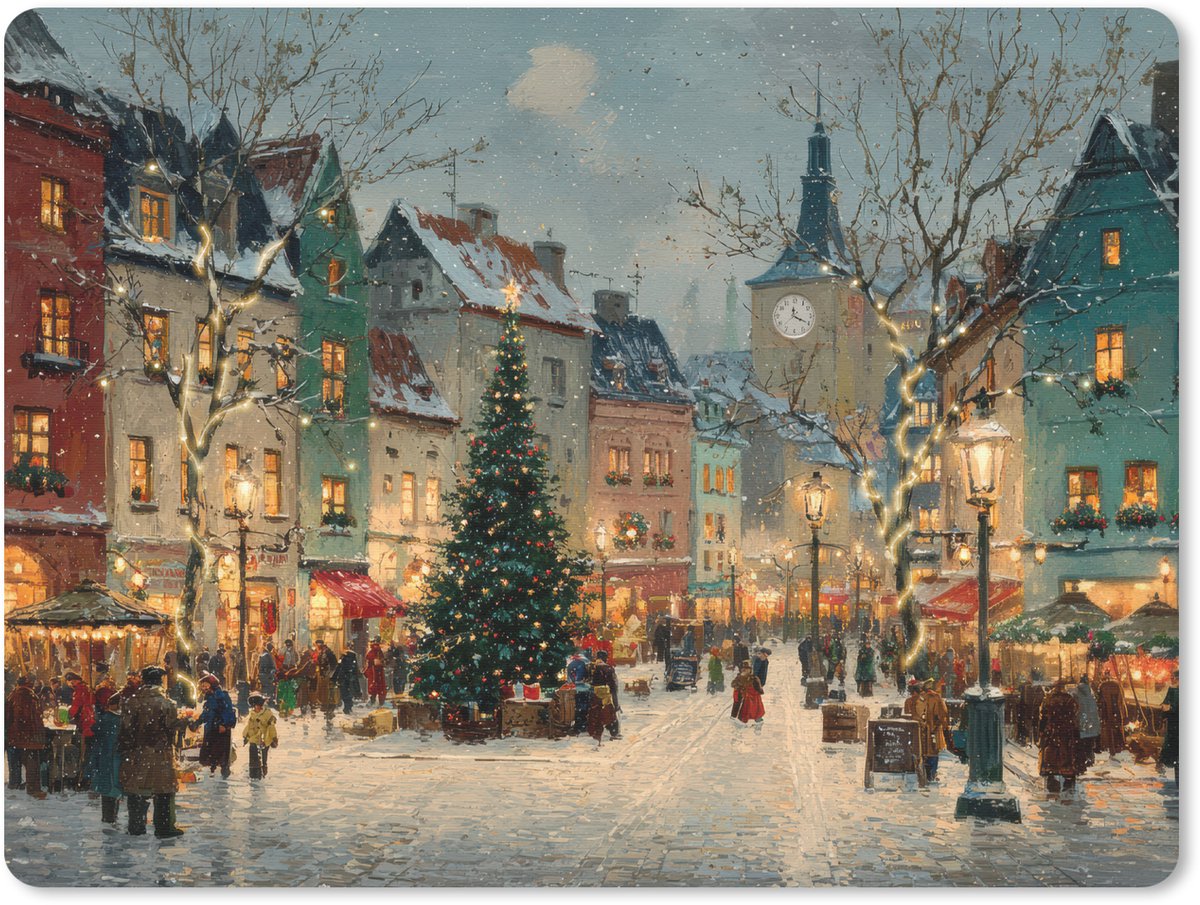 Muismat 23x19 cm - Mousepad Kerstsfeer - Stadsplein - Kleurrijk - Muismatten