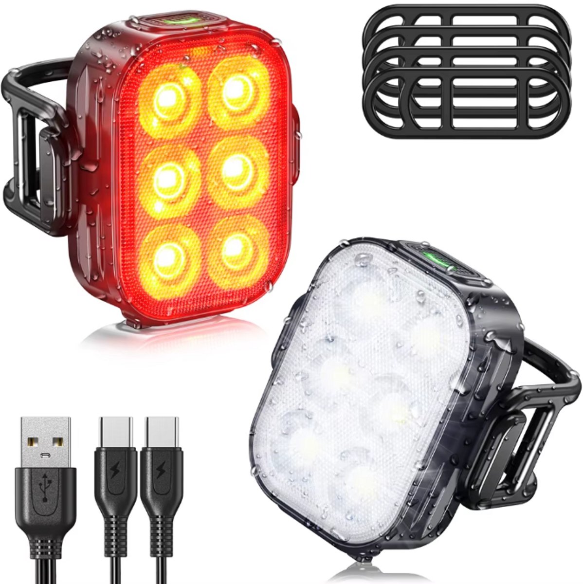 Rieba® Fietsverlichting LED USB Oplaadbaar - Verlichting Fietslamp Set - Fiets Voorlicht Achterlicht - Fietslampjes - Achterlamp 6 Lichtstanden - Koplamp 4 Lichtstanden - IPX6 Waterdicht - Valbestendig - 2-Delig - Inclusief Oplaadkabels - Rood & Wit