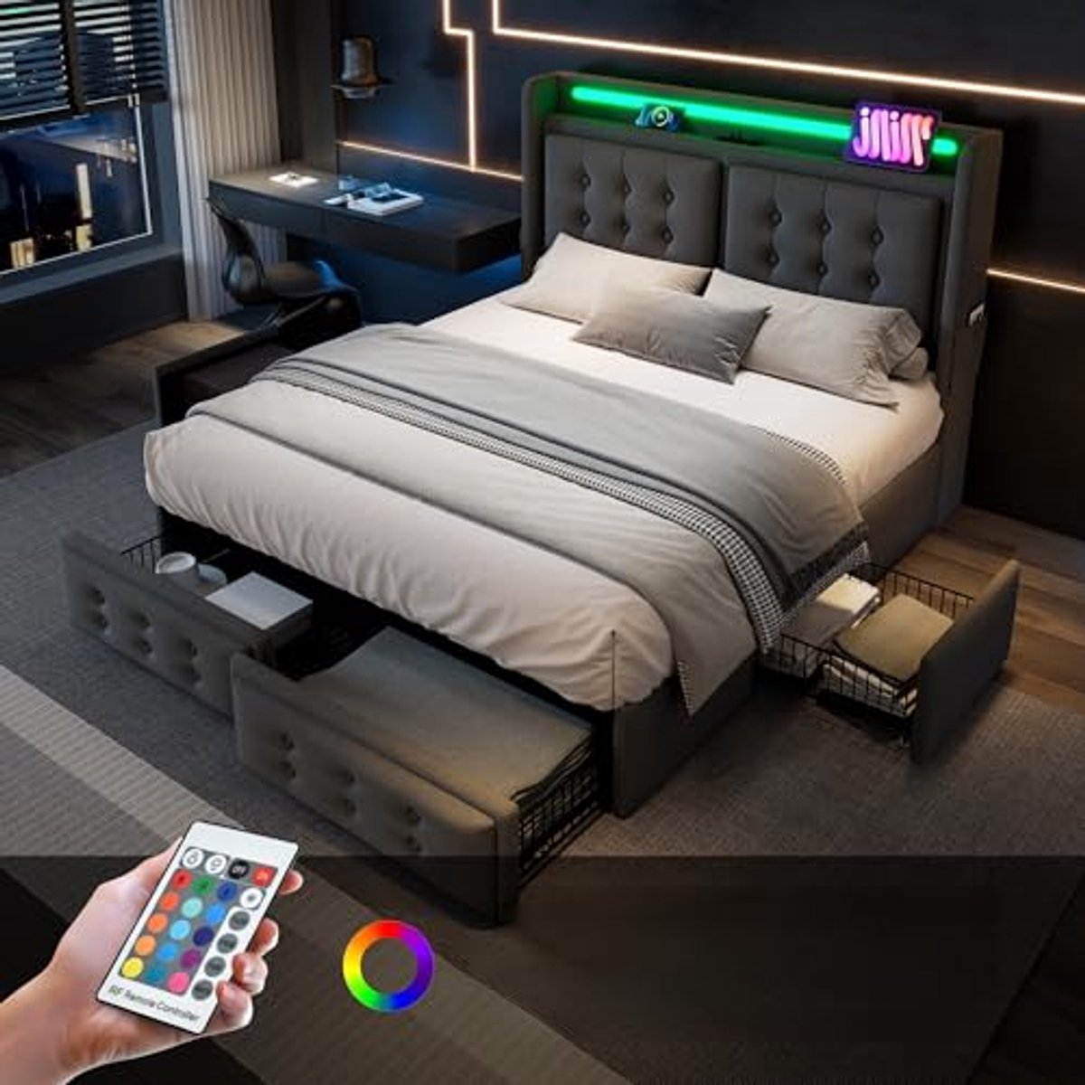 Tweepersoonsbed 140x200 cm met LED en USB-C, Gestoffeerd Bed met 4 Laden en Hoofdeinde, Opbergbed met Lattenbodem, Grijs