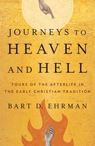 Boek kaft met de titel 'Journeys to Heaven and Hell', tours of the afterlife in the early christian tradition door Bart D. Ehrman. Geel met oranje vlammen en een zilveren hand.