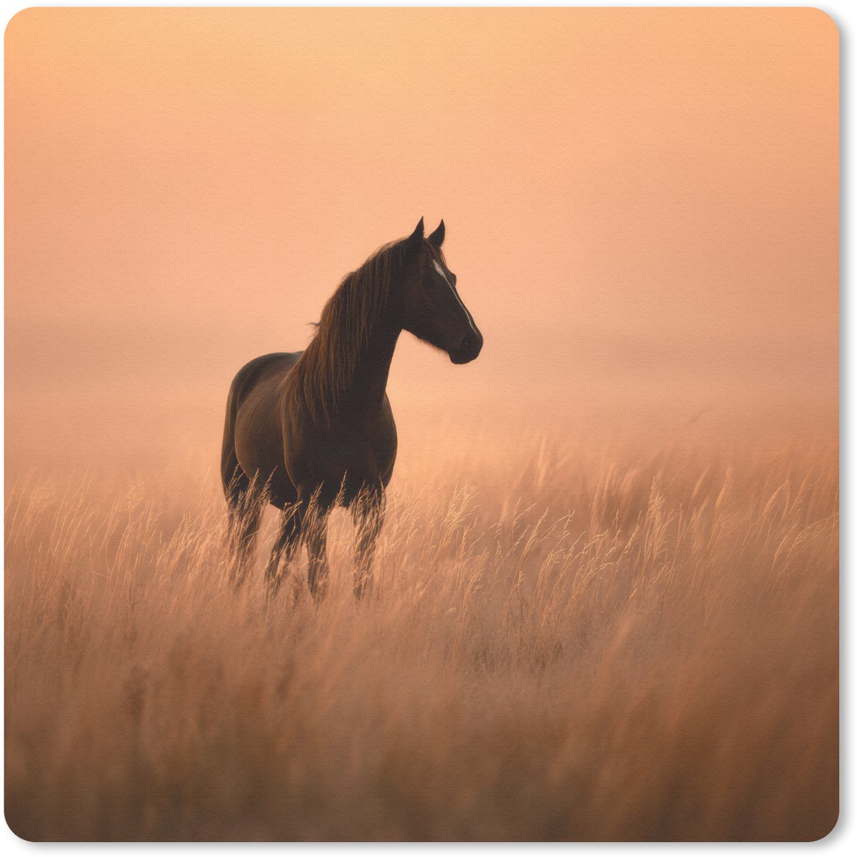 Muismat 20x20 cm - Mousepad Paard - Grasveld - Zonsondergang - Muismatten