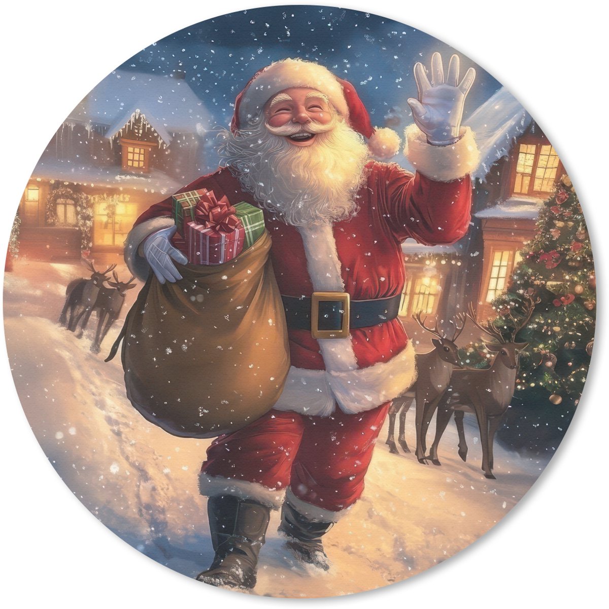 Muismat rond 20x20 cm - Mousepad Kerstman - Dorp - Hert - Donker - Ronde muismatten