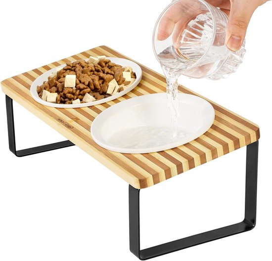 Feirdhoo 2 stuks verhoogde kattenbakjes, van keramiek, kattenbakset met bakmat, siliconen en metalen standaard, verhoogde voerbak, anti-braken, verhoging katten, kattenbakverhoging