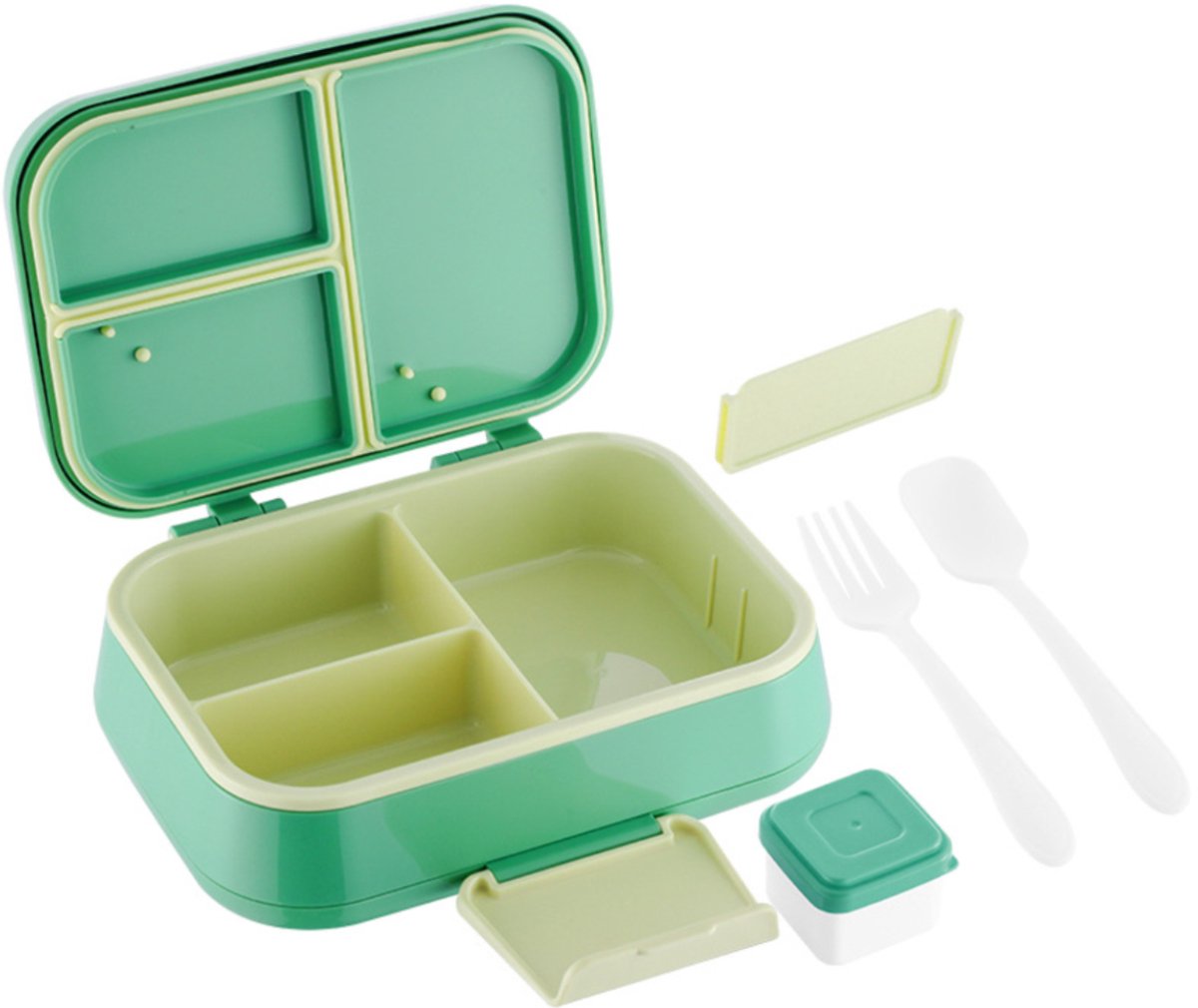 Medium Lunchbox met 3 Vakken – Incl. Saus- en Dressingbakjes & Bestek (Vork + Lepel) – Lekvrije Bentobox voor Volwassenen en Kinderen – Ideaal voor Salades, Afhaalmaaltijden & Werk