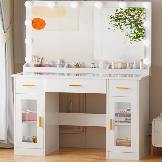 TRIUMPHKEY Grote make-uptafel met ledverlichting, instelbare helderheid, make-uptafel met spiegel en open vakken, 2 laden en 1 kast, verstelbare planken, 140 x 40 x 100 cm, wit