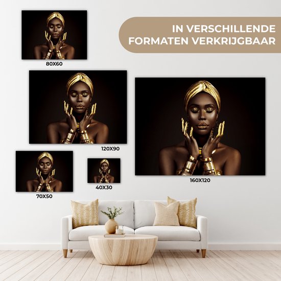 Canvas Schilderij 80x60 cm - Vrouw - Abstract - Goud - Portret - Wanddecoratie slaapkamer - Muurdecoratie woonkamer - Kamer decoratie - Wanddoek interieur binnen - Vrouwen schilderijen
