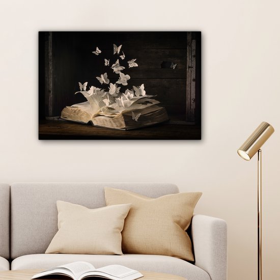 Peinture sur toile - Vintage - Boek - Papier - Papillon - Photo sur toile - Décoration murale - 60x40 cm - Canvasdoek - Tableaux abstraits