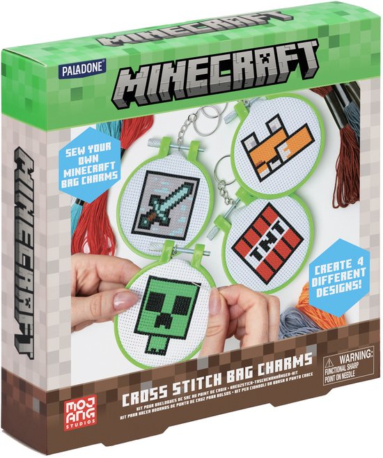 Minecraft Cross Stitch Bag Charms kit met vier ontwerpen: Creeper, TNT, vos en zwaard.