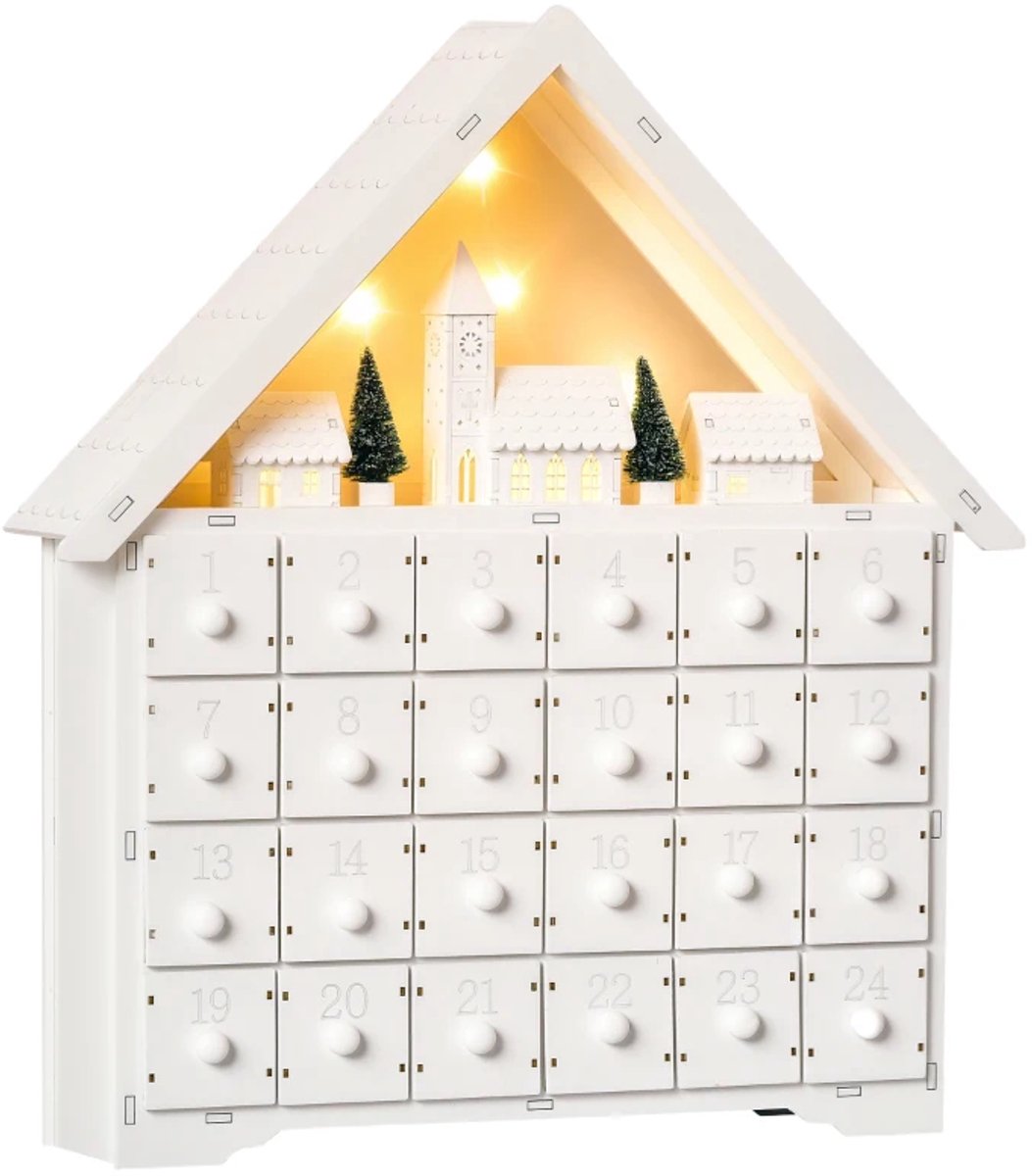 Adventskalender - Adventskalenderbox - met 24 Lades te Vullen - Kerstdecoratie - met LED-verlichting - Voor Jongens en Meisjes - Countdown Kalender - Het Perfecte Kerstcadeau - Wit + Groen