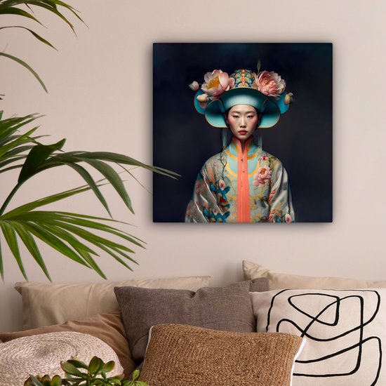 Tableau sur toile Femmes - Asiatique - Portrait - Vêtements - Fleurs - 50x50 cm - Décoration murale