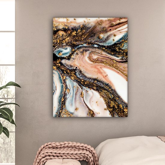 Tableau Toile Aspect Marbre - Goud - Zwart - Glitter - Chic - 90x120 cm - Décoration murale