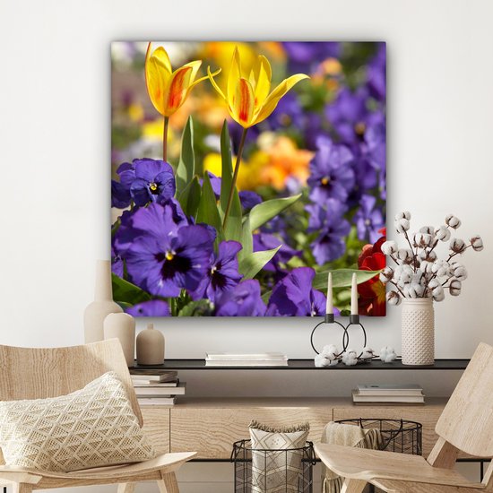 Toile Peinture Printemps - Fleurs - Couleurs - 90x90 cm - Décoration murale