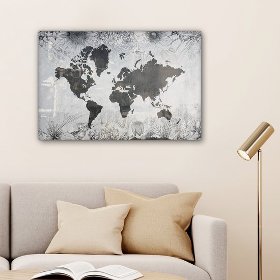 Wereldkaart avec motif béton gris foncé décorée d'illustrations de fleurs 90x60 cm
