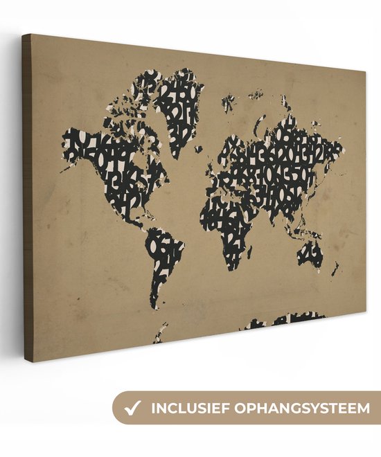 Wereldkaart en gros chiffres noirs sur fond marron 120x80 cm