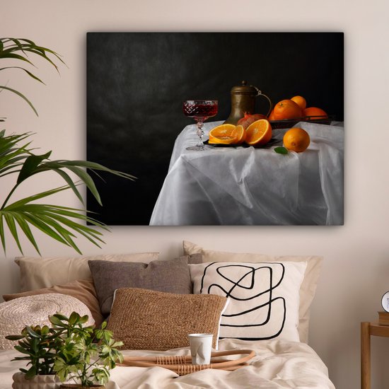 Tableau sur toile Nature Morte - Mandarines - Vin - 120x90 cm - Décoration murale