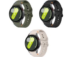 Strap-it 3-pack Siliconen Wave bandjes Zwart, Sterrenlicht & Legergroen – geschikt voor Samsung Galaxy Watch 7 (40/44mm), 6 (Classic), 5 (Pro), 4 (Classic) & Watch FE – comfortabel & duurzaam - sportief design