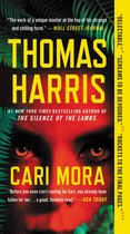 Boekcover van "Cari Mora" door Thomas Harris. Een close-up van ogen, met rode en gele tekst. "DELECTABLE."