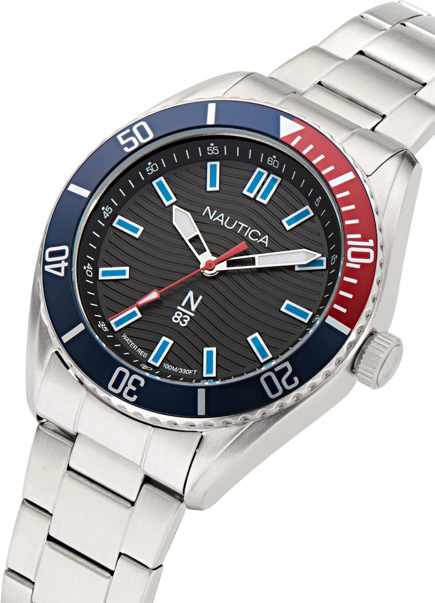 Nautica Finn Wereld Quartz Analoog Horloge Gunmetal En Blauw Behuizing: 100% Rvs , Armband: 100% Rvs 44 NAPFWS503