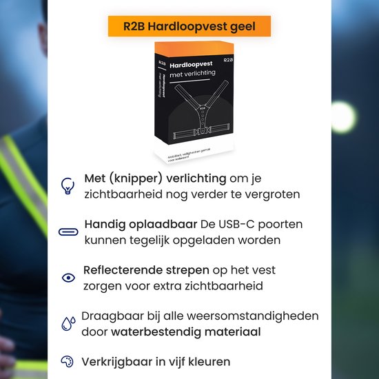 R2B Hardloopvest met Verlichting Voor- en Achterkant - USB-C Oplaadbaar - Wandel & Hardloop Verlichting - Reflecterend Running Vest - Hardloopvest Oplaadbaar - Loopvest Dames & Heren - Neongeel