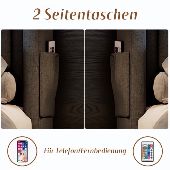 Lit Lits doubles capitonné HAUSS SPOLE 160x200 cm - Lit avec 4 tiroirs de rangement + Matras - Siècle des Lumières LED + port USB Type C - Katoen - Grijs