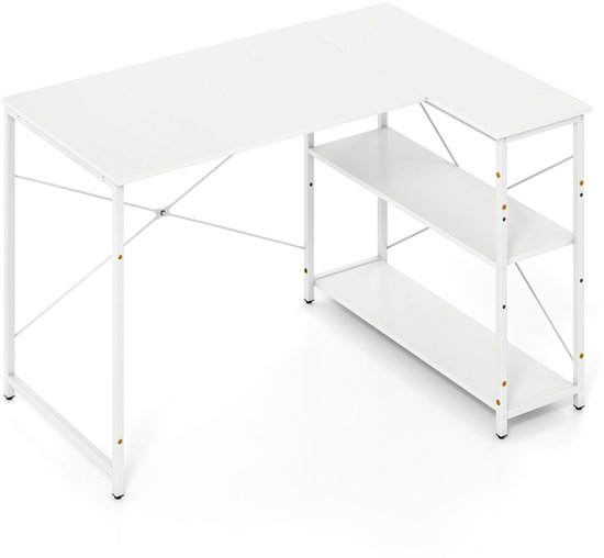 Bestier L-vormig bureau met stopcontacten en ledlampen, compact hoekbureau met planken, omkeerbaar computerbureau met haken, voor thuis, kantoor, slaapkamer