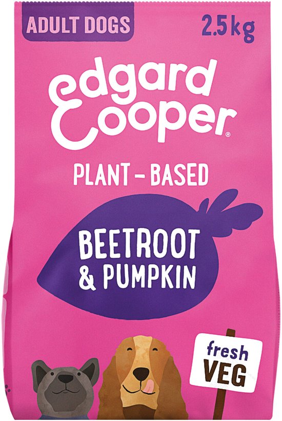 Roze zak met 2.5 kg hondenvoer, Plant-Based Beetroot & Pumpkin met afbeeldingen van twee honden.