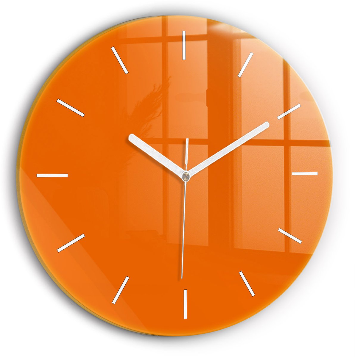Wallfluent Wandklok - Oranje Ronde Glas Klok - 30 cm x 30 cm - Oranje Wandklok - Witte Handen - Wandklok Zonder Cijfers - Wandklok Glas Woonkamer - Ronde Glazen Klok - Minimalistisch Wandklok - Ronde Glazen Wandklok
