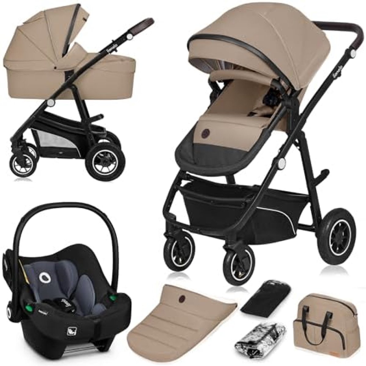 Image of 3-in-1 Multifunctionele Kinderwagen Set - Reiswieg, Buggy en Autostoel - ADAC Gecertificeerd - Volledige Vering - Snel Inklapbaar - Geschikt van 0 tot 4 jaar - Beige