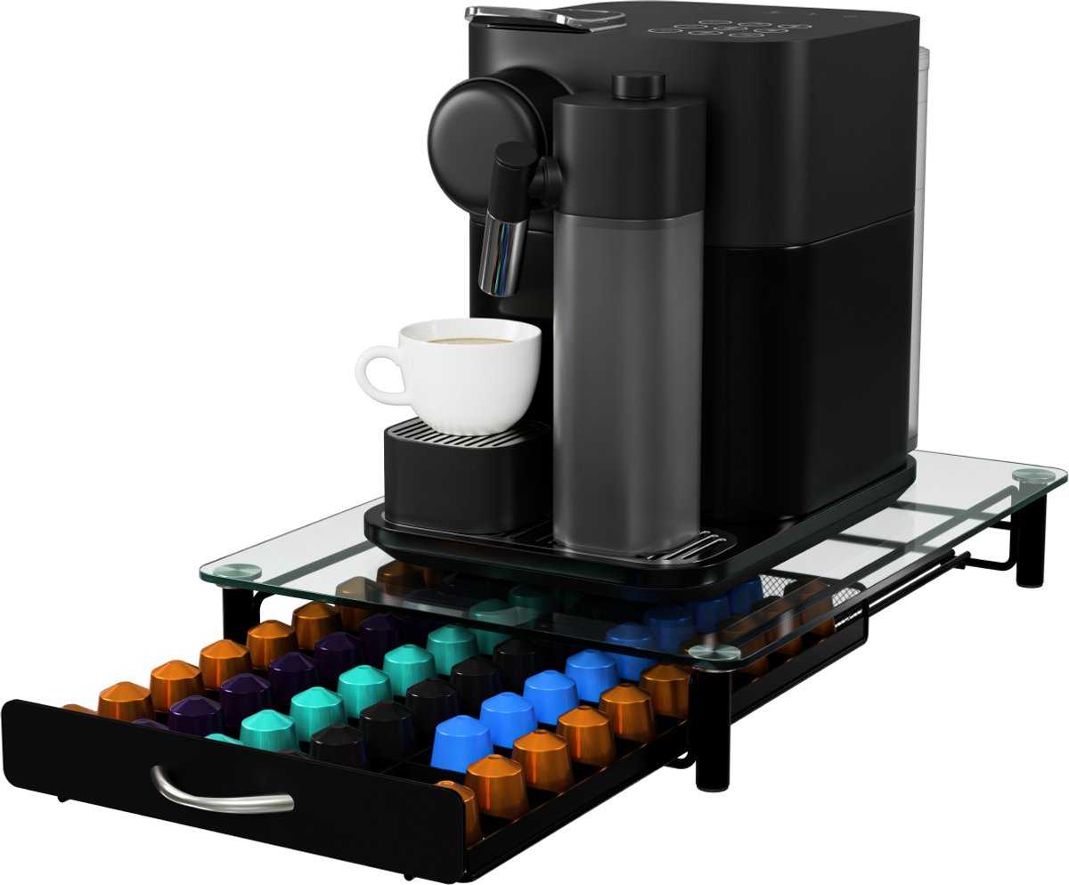 KitchenBrothers Koffiecups Houder - Capsulehouder - 60 Cups - Cuphouder - Met Lade - Glas - RVS/Zwart