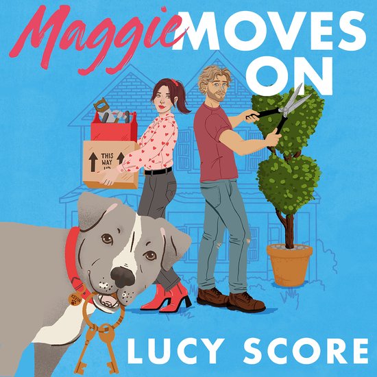 Illustratie van een man en vrouw die verhuizen, met hun hond op de voorgrond. Titel: Maggie Moves On.