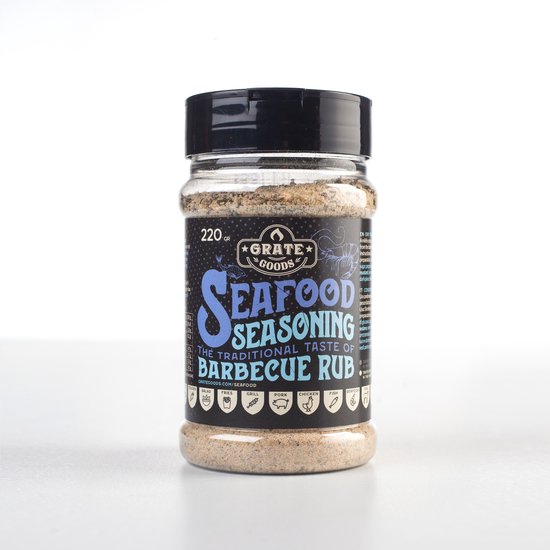 Grillkruiden Seafood 220 gr. van Grate Goods, met de tekst 'The Traditional Taste of Barbecue Rub' en icoontjes.