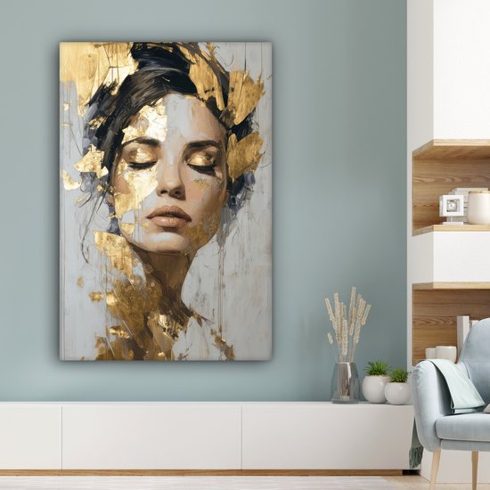 Peinture sur toile 80x120 cm - Décoration murale Gracieuse - Femme - Or - Yeux - Décoration murale salon - Décoration chambre - Accessoires chambre - Peintures sur toile