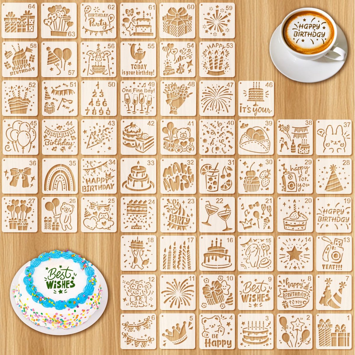 64 stuks Verjaardagssjablonen - Herbruikbaar - 3 inch DIY Tekensjablonen voor Decoraties