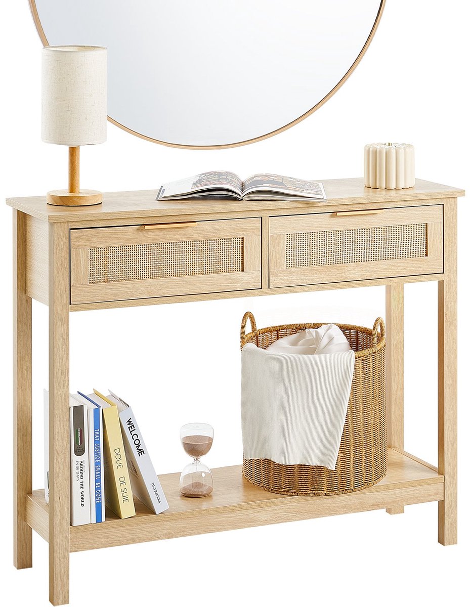 Corenia Rattan Sidetable – Bijzettafel – Console Tafel – Opbergmeubel – Haltafel – Natuurlijk Rattan – 2 Lades – Warme Eikenhoutkleur Bruin