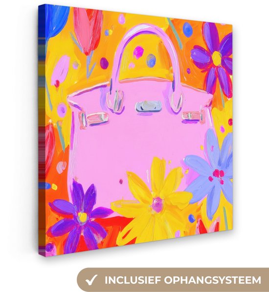 Canvas schilderij 20x20 cm - Wanddecoratie Tas - Roze - Bloemen - Muurdecoratie woonkamer - Slaapkamer decoratie - Kamer accessoires - Schilderijen op canvas