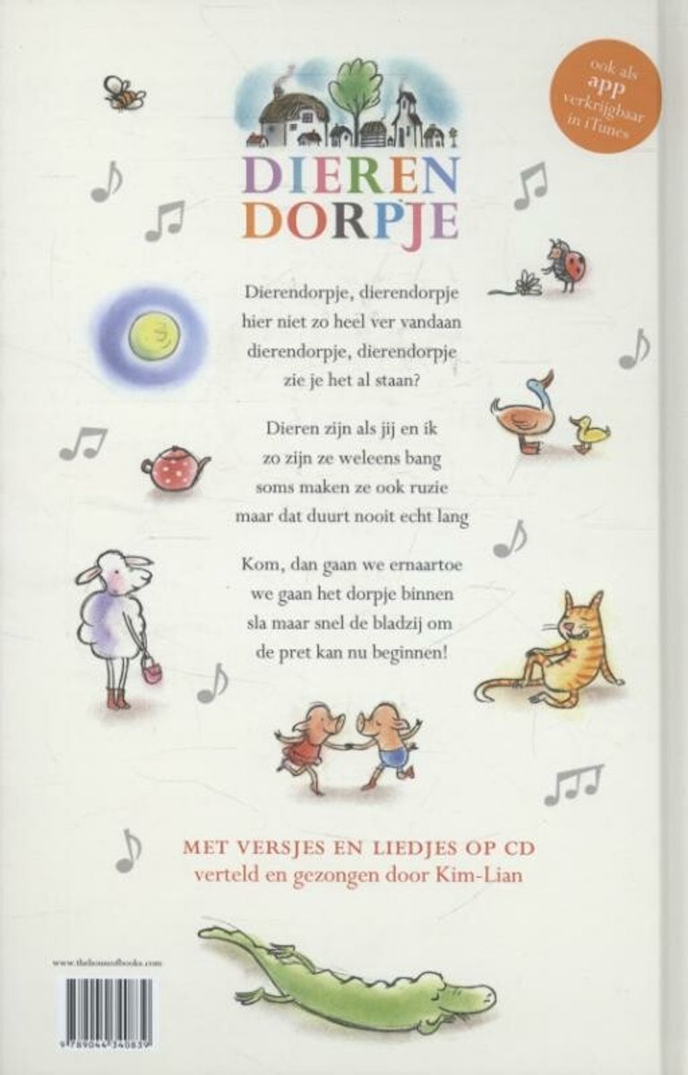 Boekcover 'Dierendorpje' met een schaap, een lieveheersbeestje, een eendje, een krokodil en tekst.