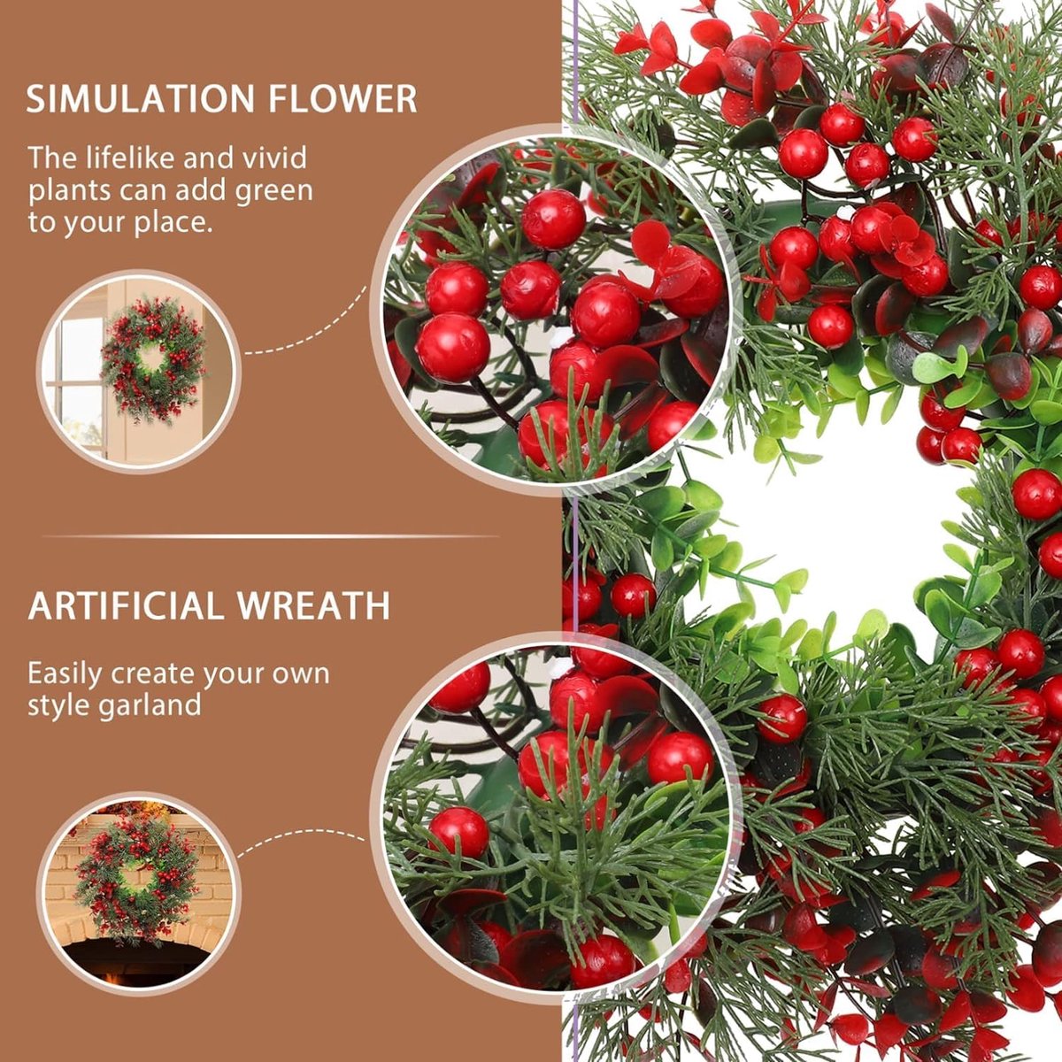 Decoratieve kerstkrans - Kunstmatige dennenkrans voor de deur - Adventstakken en bessen - 35 cm – foto 3
