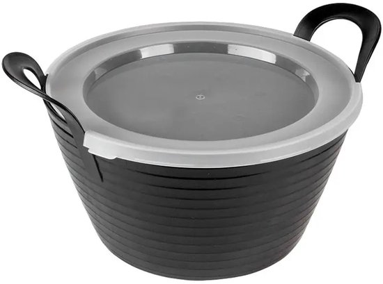 Zwarte flexi tub met grijze deksel en zwarte handvatten.