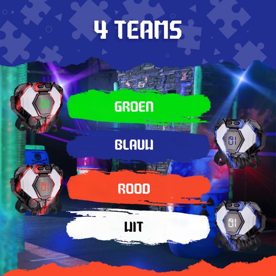 Vier teams: groen, blauw, rood, wit. Lasergame vesten met nummers 01 en 01.