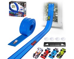 foto van 15ft flexibele racebaan voor kinderen, dubbelzijdige racebaan voor 1:64 gegoten auto's, draagbare oprolbare racebanen met 4 auto's (willekeurige kleur) en zuignappen, verjaardagscadeaus