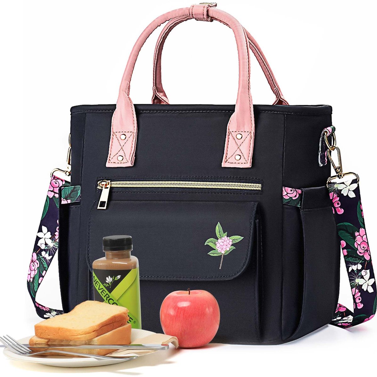 Lunchtas - Groot, Lekvrij en Geïsoleerd met Bloemenpatroon, Meerdere Vakken en Afneembare Schouderband - Voor Dames, Werk en Picknick