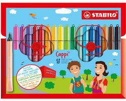 STABILO Cappi - Viltstift - Nooit Meer Je Dop Kwijt Dankzij De Dopring - Etui Met 18 Kleuren + 2 Dopringen