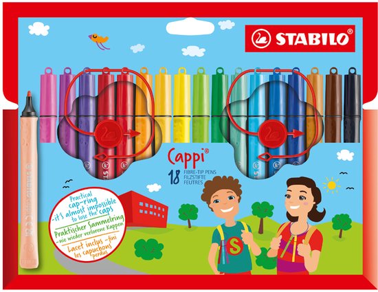 STABILO Cappi - Viltstift - Nooit Meer Je Dop Kwijt Dankzij De Dopring - Etui Met 18 Kleuren + 2 Dopringen