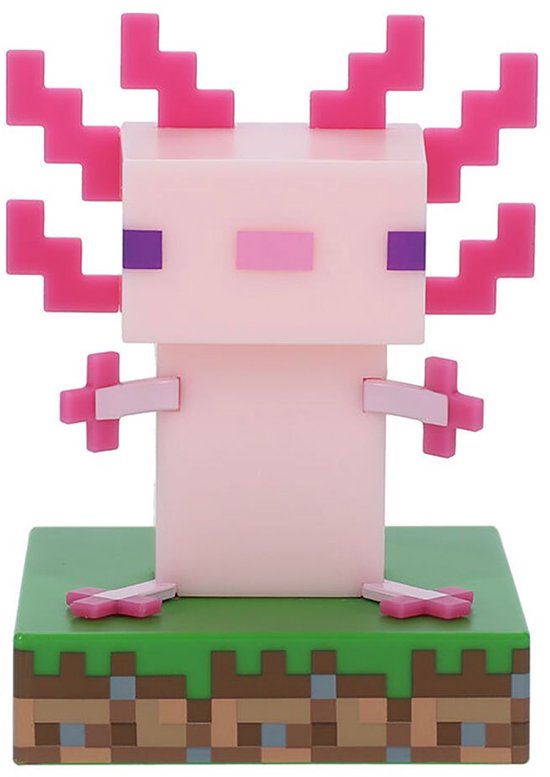 Lampe axolotl Minecraft rose aux yeux violets, sur une base verte pixellisée. Six branchies roses sur la tête, deux de chaque côté.